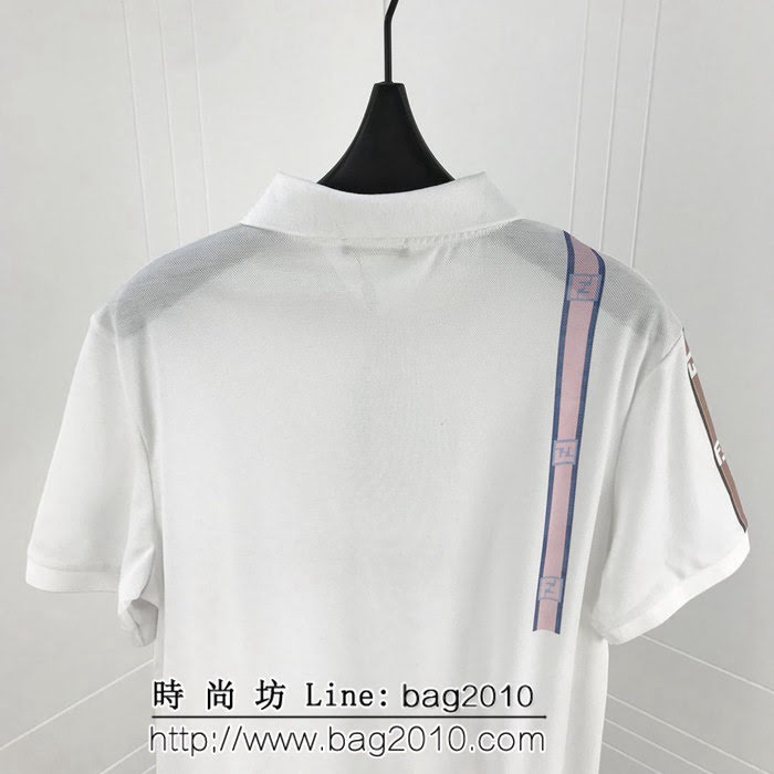 FENDI芬迪  19ss早春新款 粉色豎條FF印花logo 白色絲光珠地棉 男款Polo衫 ydi1976